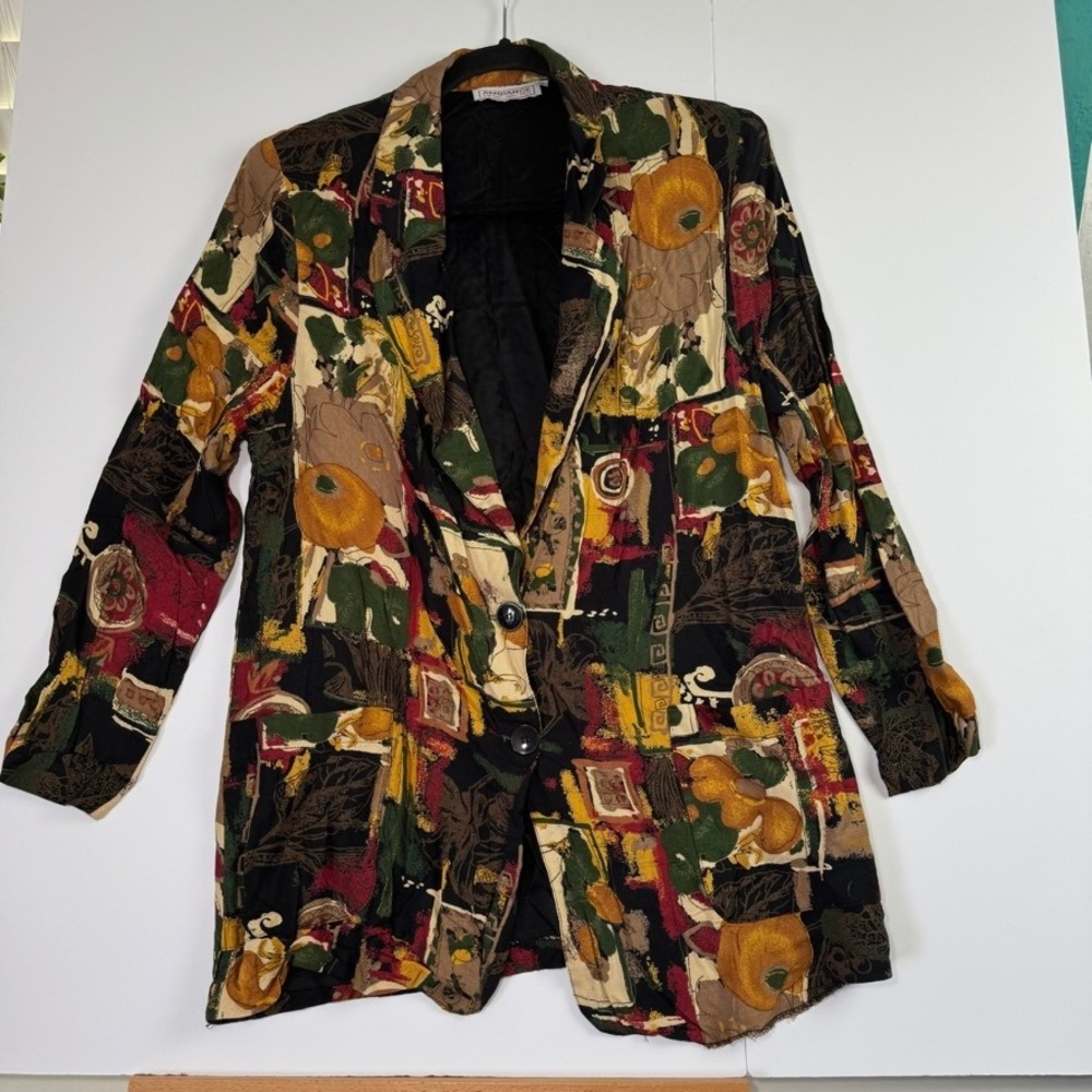 Vintage Ambiance Abstract Fruit Print Blazer Rayon ILGWU Made in USA Medium